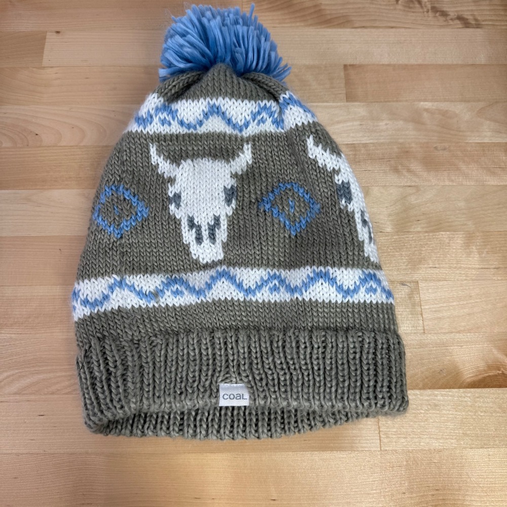 Coal Headwear Bull Skull Knit Beanie Blue Pom Pom Fleece Lined Hat southwestern